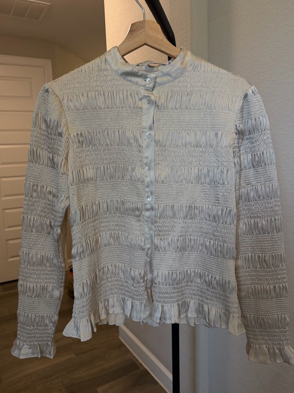 AllSaints Meg Shirred Shirt Womens US 2 Cream Satin Smocked Blouse